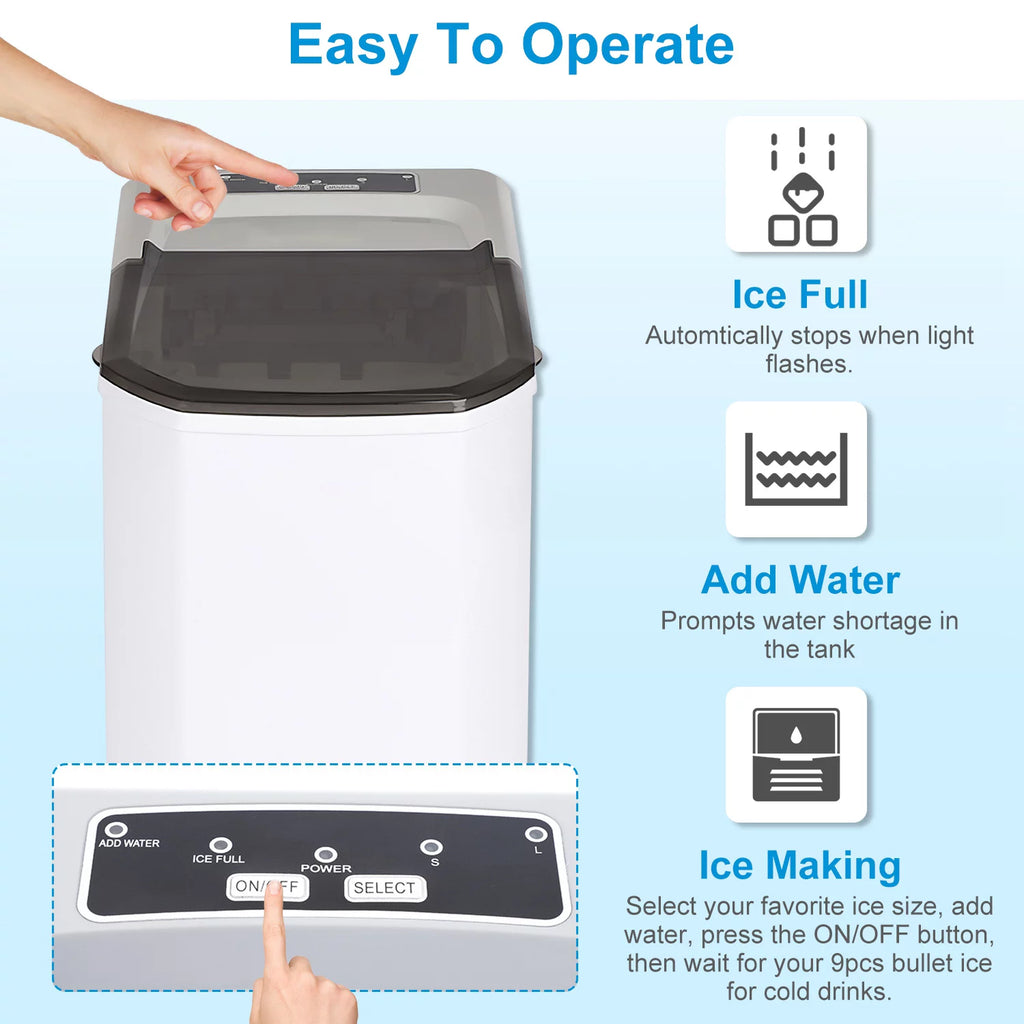 Countertop Ice Maker, 33Lbs/24H, 9 Ice Cubes in 6 Mins, Self-Cleaning Portable with Ice Scoop and Basket P57485