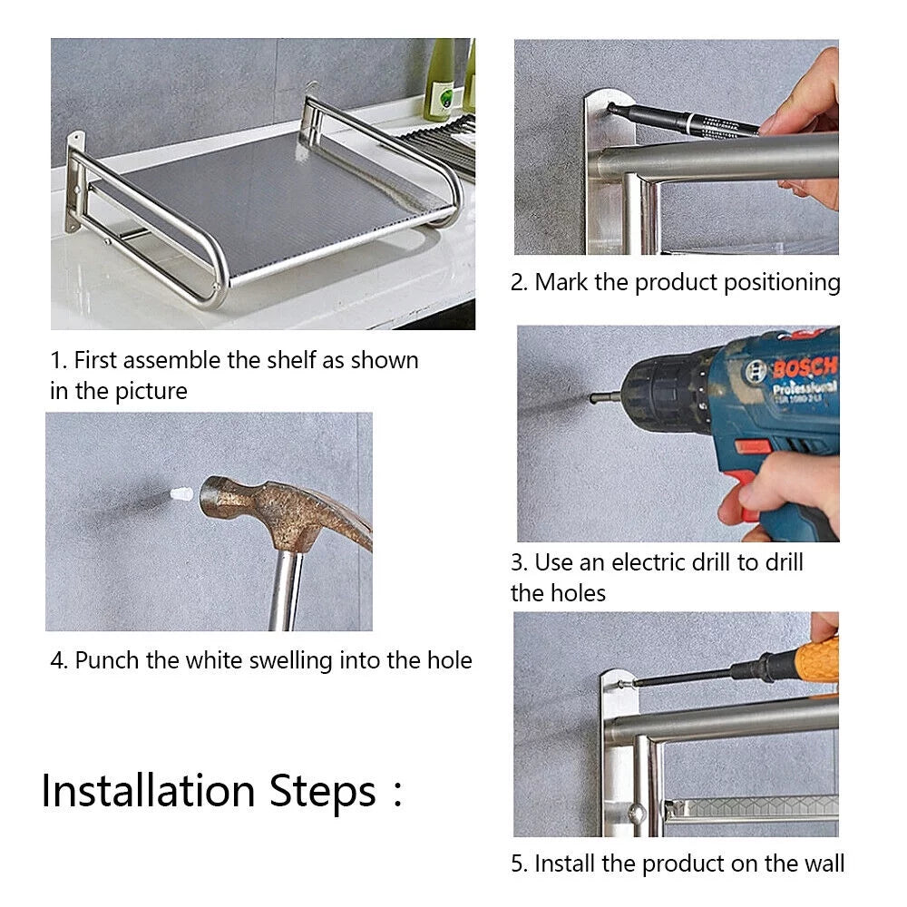 Stainless Steel Wall-Mount Microwave Oven Rack with 6 Hooks R473