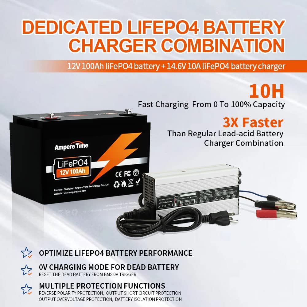 12V 100Ah LiFePO4 Battery with Charger and 100A BMS for RV, Solar, Marine C712