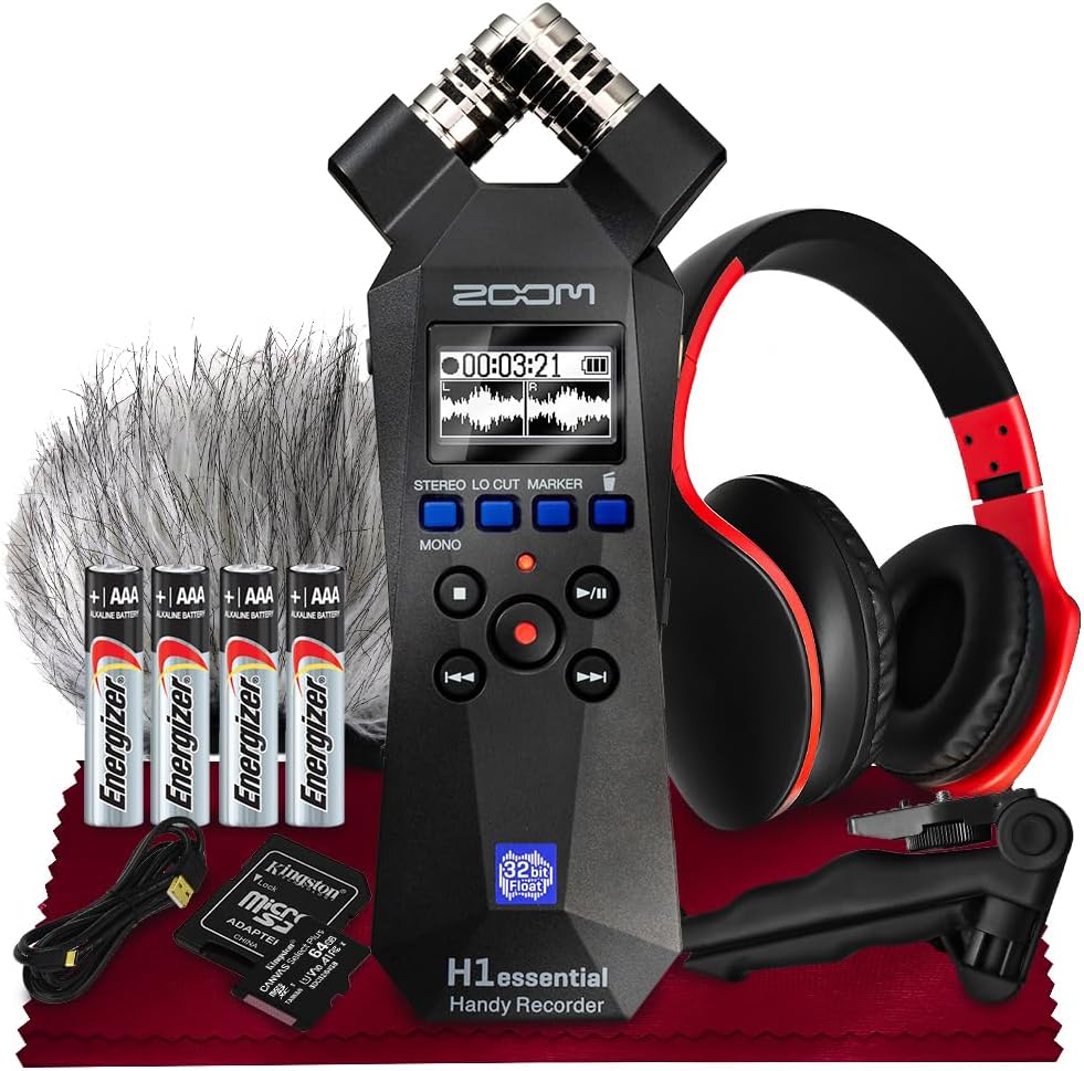 Zoom H1essential Stereo Handy Recorder – H1 Essential (H1E) Portable Audio Recorder 32 Bit Float, USB & X/Y Microphone - 64GB SD, Tripod, Headphone w/Mic & More for Musicians Vloggers Filmmakers