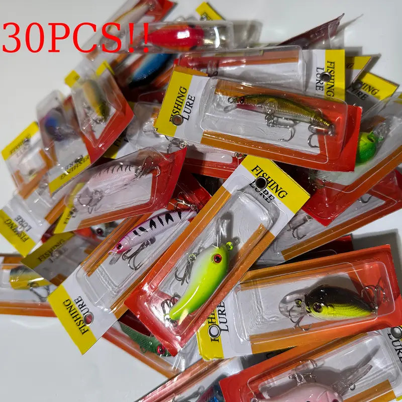 Bass Fishing Lures Kit - 30pcs Mixed Color Crankbaits Minnow Baits D504