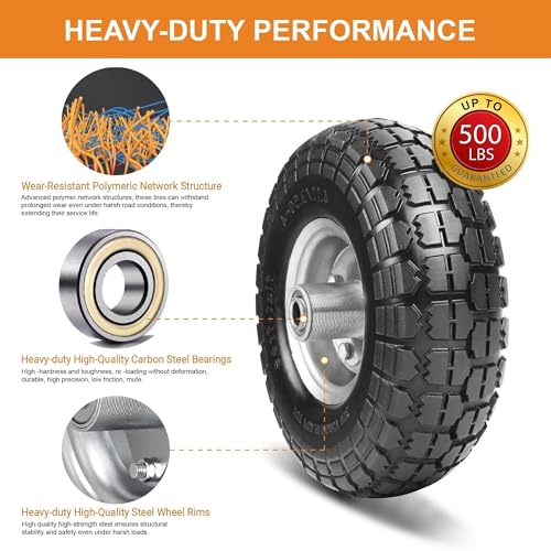 10 Inch Flat Free Solid Rubber Hand Truck Wheels with 5/8 Inch Axle, 2 Pack K2905