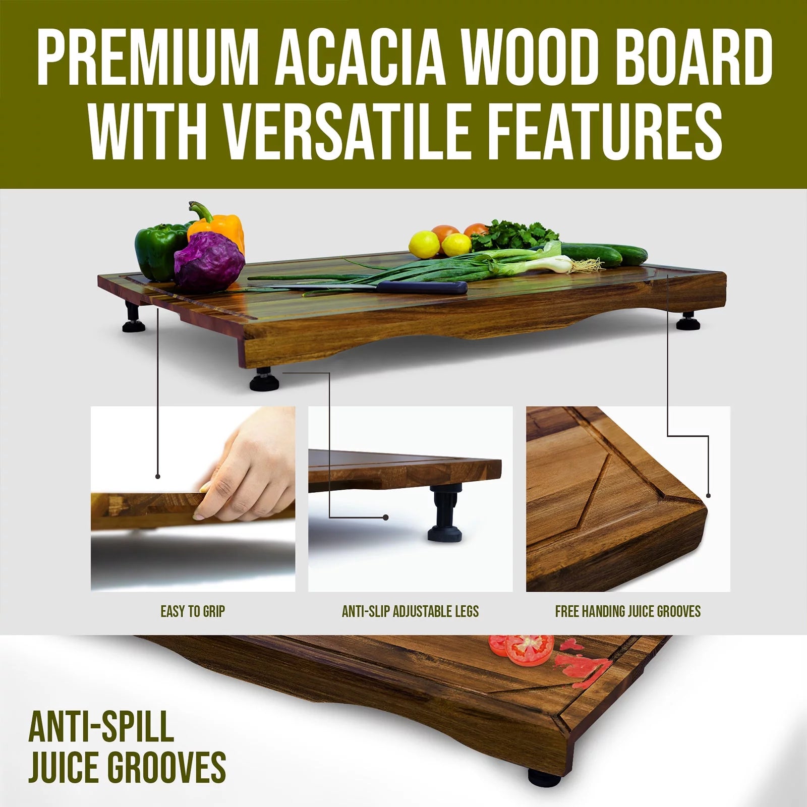 Acacia Wood Noodle Board with Adjustable Legs I42719