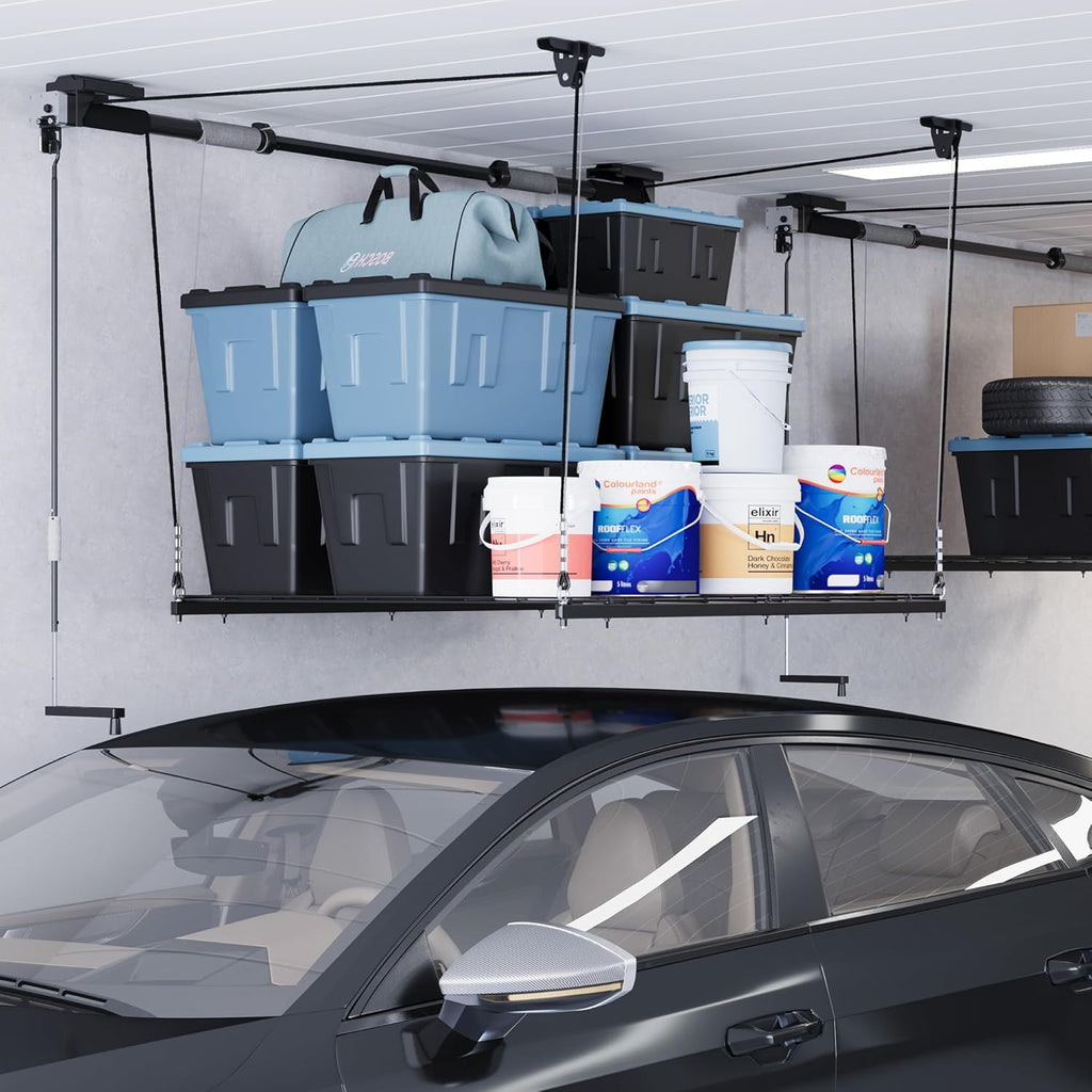 Overhead Garage Storage Rack, 4x4 Ft, Adjustable Heavy-Duty Ceiling Rack, 300 lbs J20957