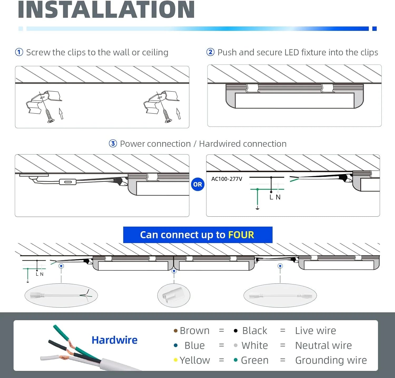 8FT LED Shop Light, 72W 9000LM 5000K, Linkable Tube Lights with Plug, 4 Packs Q258176