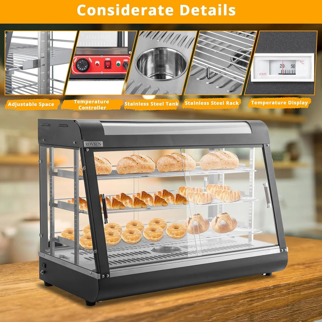 3-Tier Electric Pizza Warmer Display Case with LED Lighting and Glass Door C892