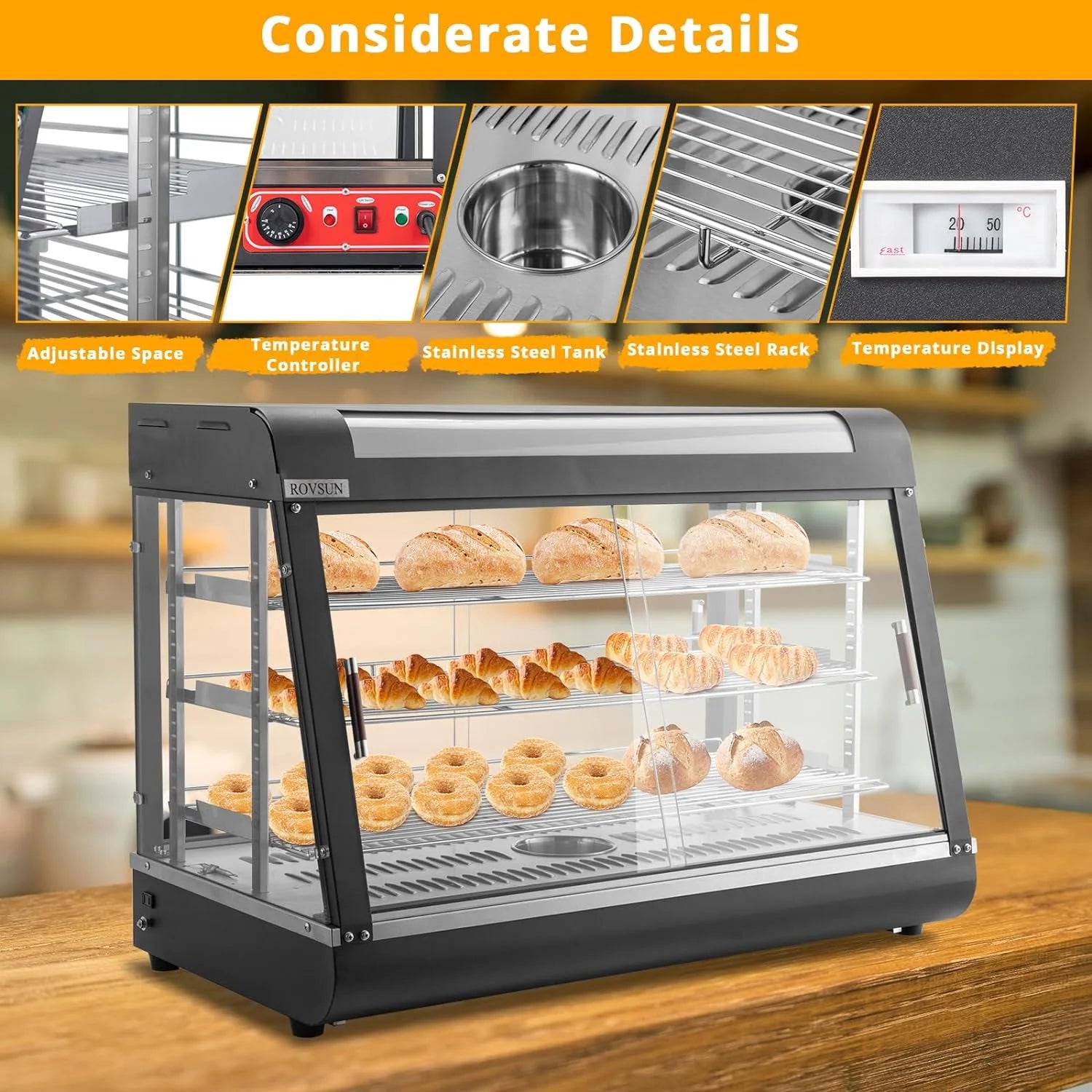 3-Tier Electric Pizza Warmer Display Case with LED Lighting and Glass Door C892