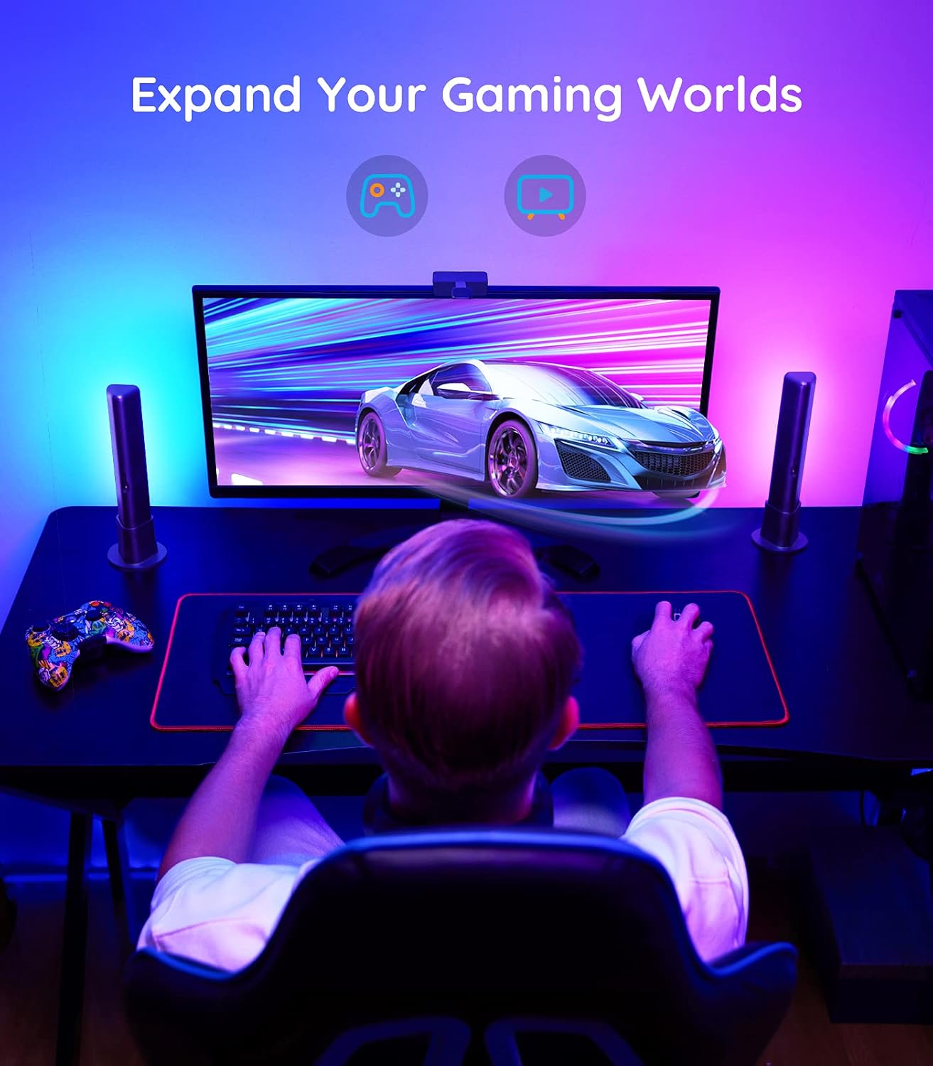 LED Smart Light Bars with Camera, RGBIC Backlights, Music Sync for Gaming, PC, TV Q13927