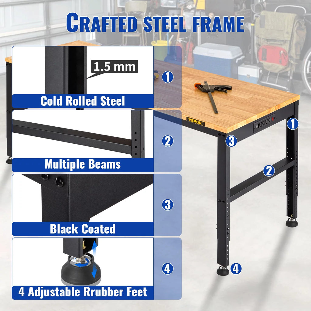 Adjustable Height Workbench, 48"L x 20"W, 2000 lbs Capacity H42094