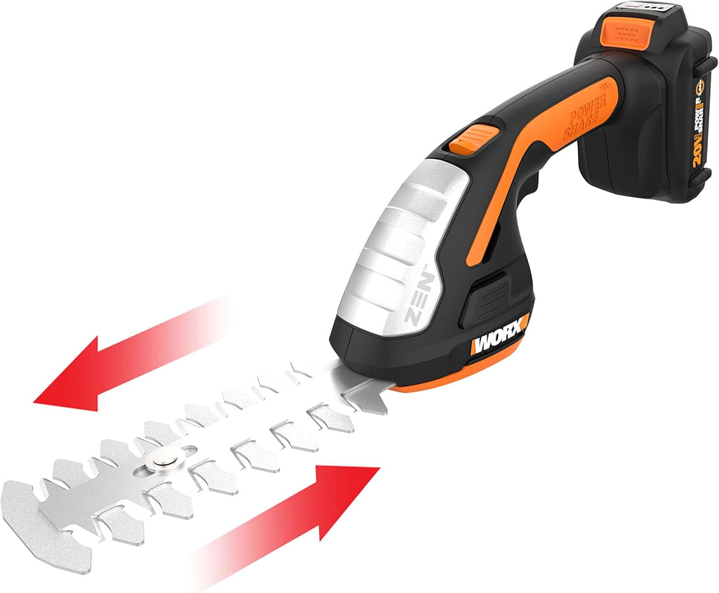 WORX 8" Cordless Shrubber Trimmer Grass Shear 20V PowerShare, Battery and Charger Included WG801.1 （Without Grass Shear Blade）