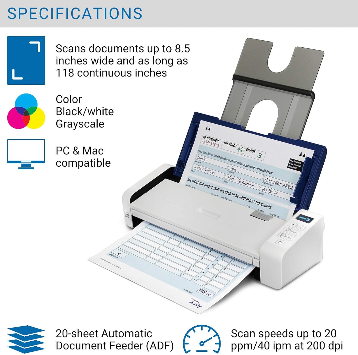 Portable Duplex Document Scanner, Blue & White C315