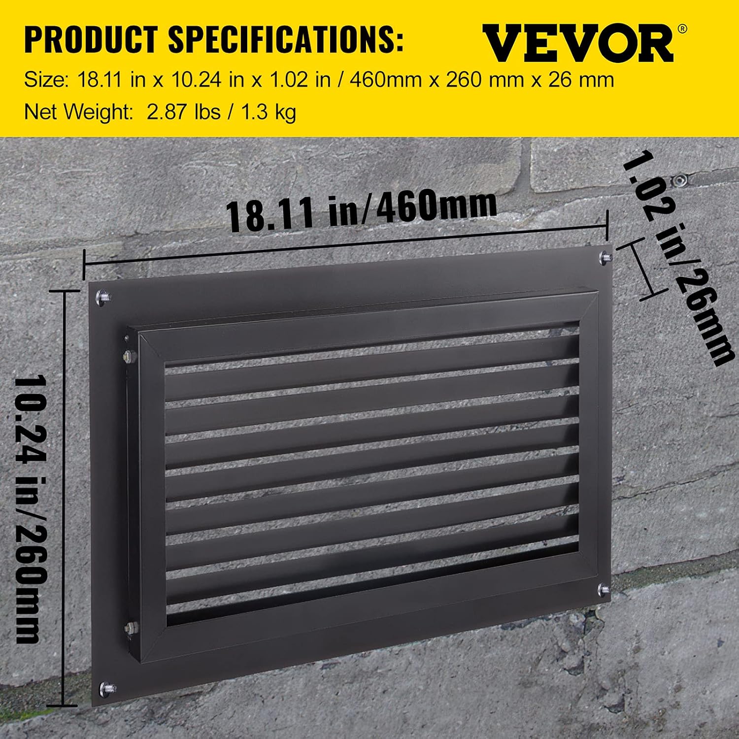 Foundation Flood Vent, 8" x 16", Wall Mounted, Black A9385