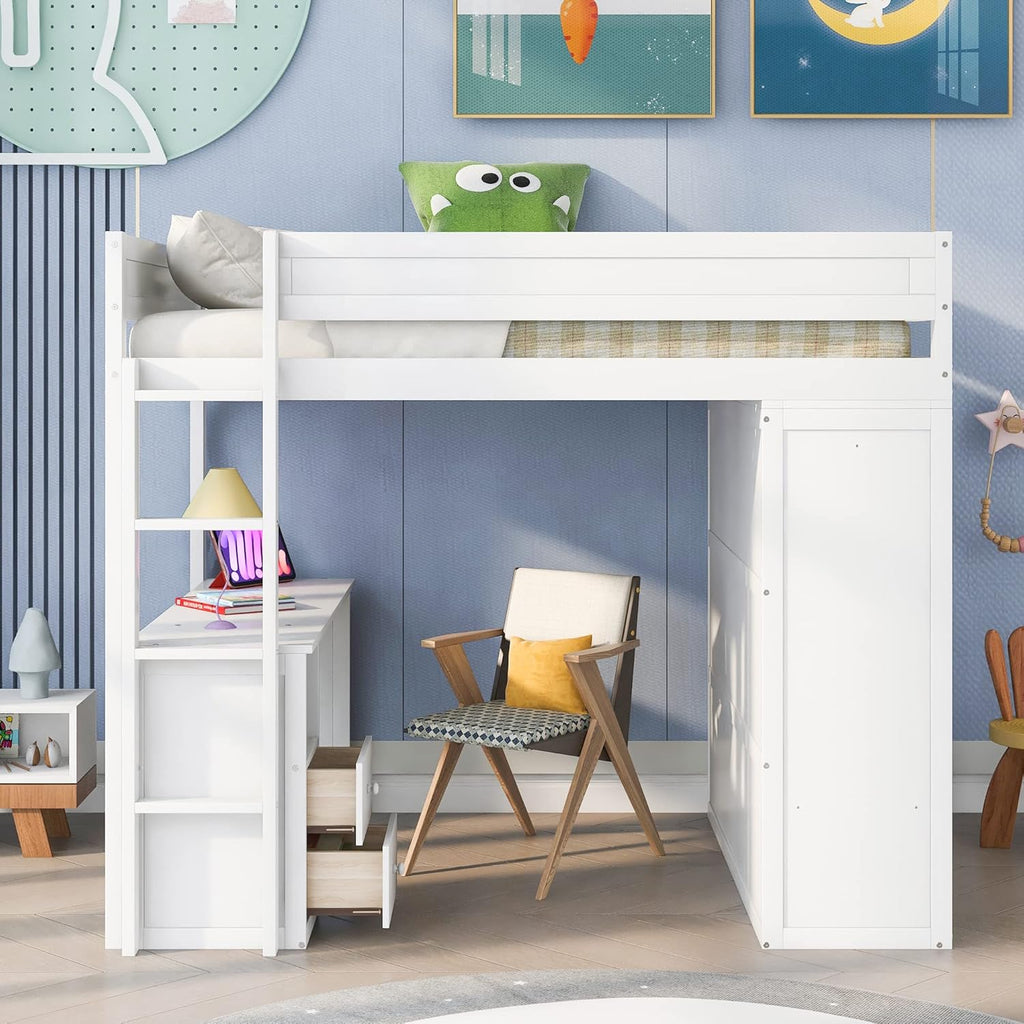 Full Loft Bed with Wardrobe and Desk, White K9891