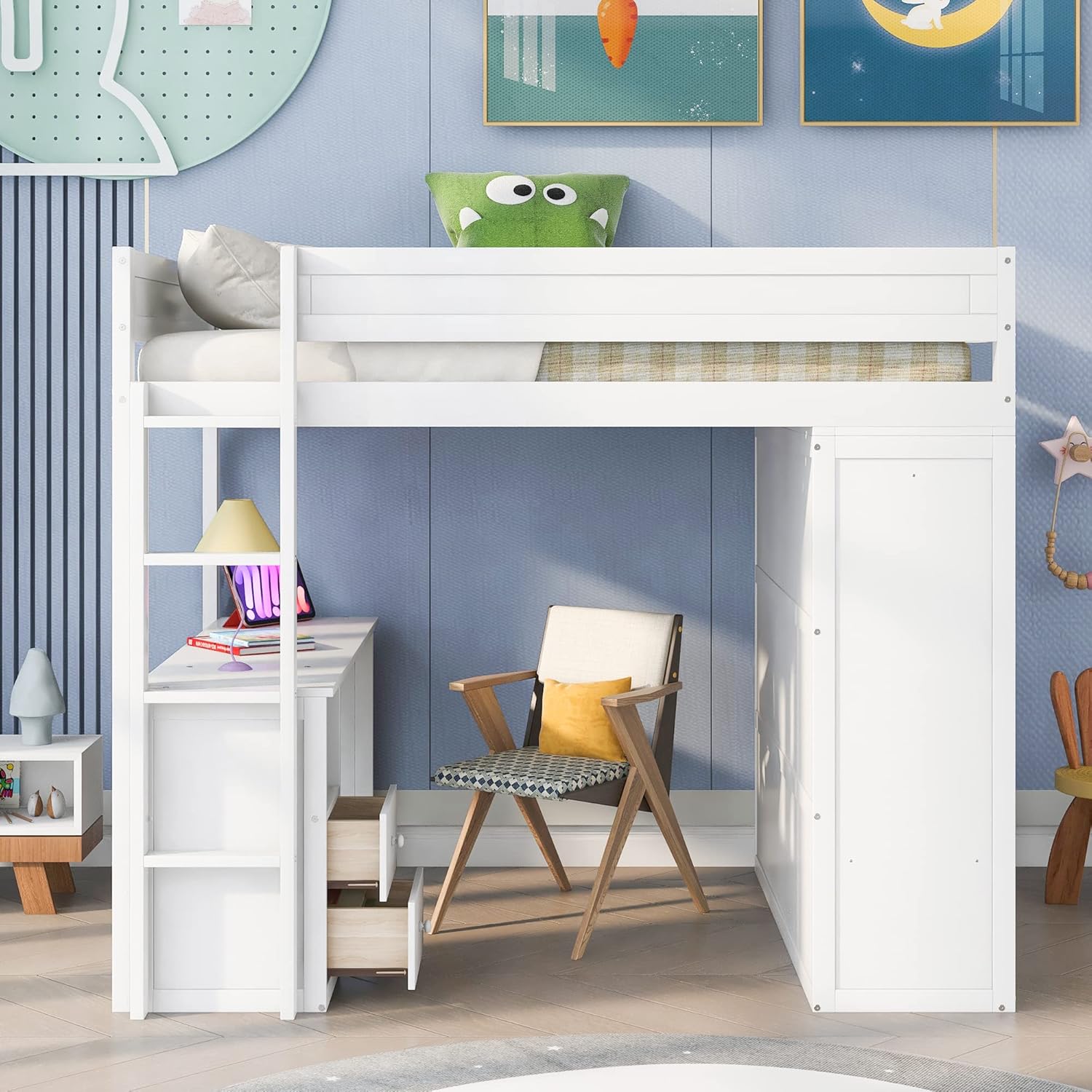 Full Loft Bed with Wardrobe and Desk, White K9891