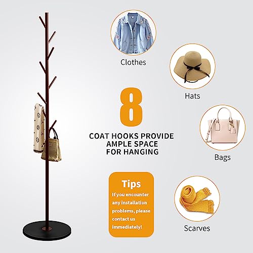 Coat Rack Stand with Marble Base and 8 Wooden Hooks R357