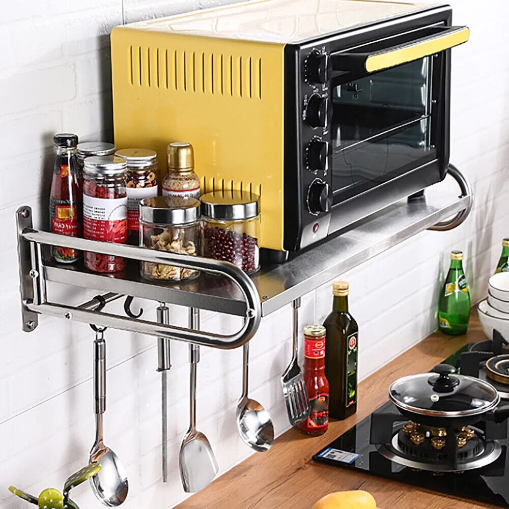 Stainless Steel Wall-Mount Microwave Oven Rack with 6 Hooks R473