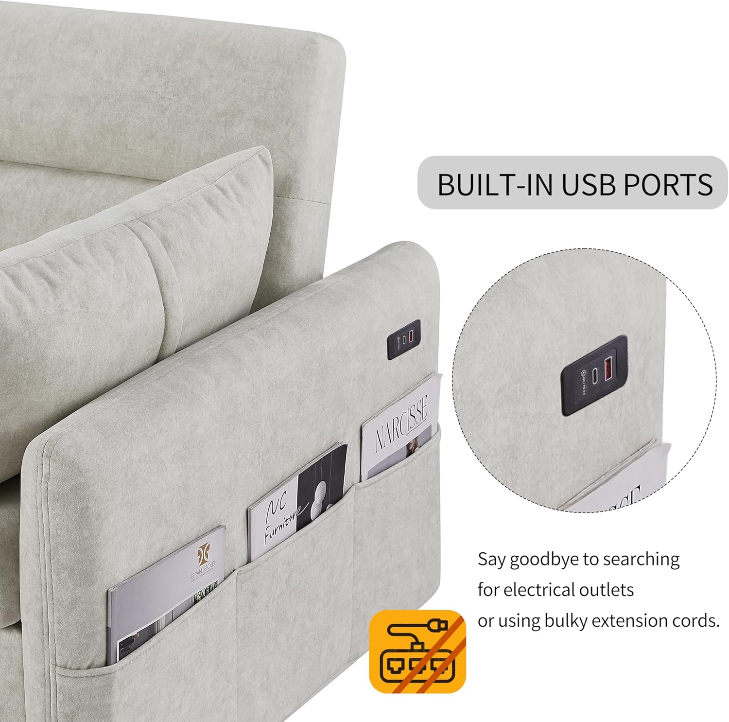 55" Sleeper Sofa with Pull Out Bed, USB Ports, Adjustable Backrest T85682
