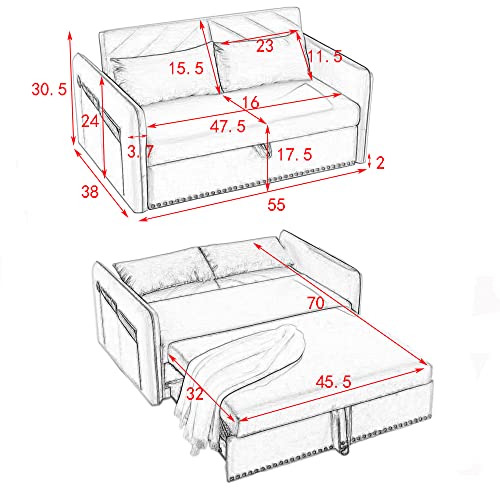 3-in-1 Convertible Velvet Sofa Bed with Pullout Bed, Loveseat with 2 Lumbar Pillows and Side Pocket G48240