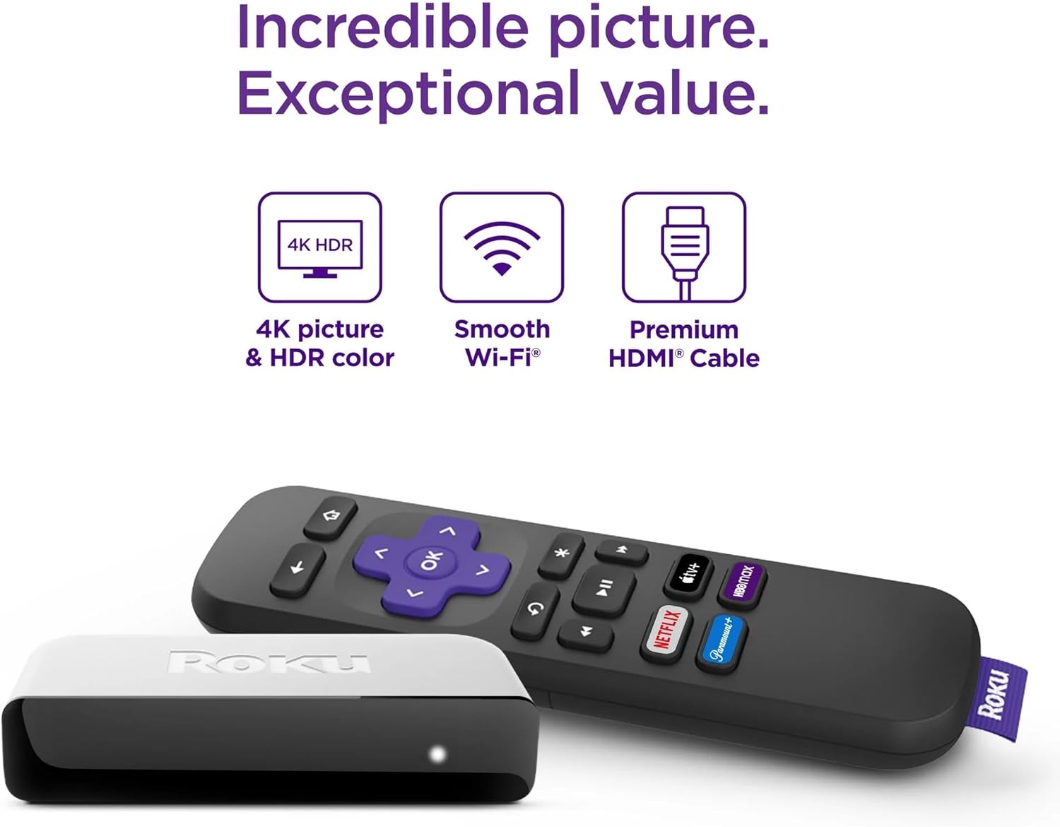 4K/HDR Streaming Media Player with Wi-Fi and HDMI Cable S86443