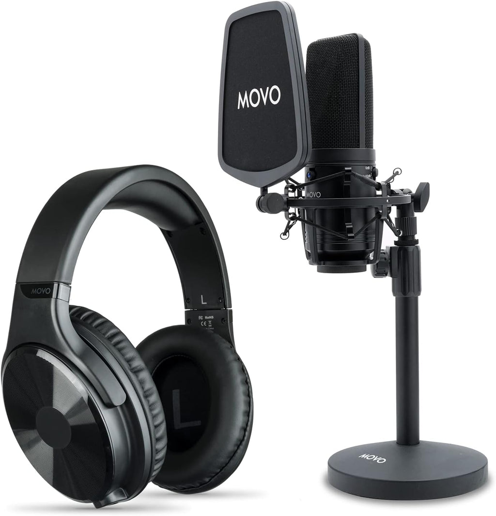 Movo Podcast Equipment Bundle with XLR Wired Microphone, 3.5mm/6.35mm Studio Headphones, and Desktop Mic Stand with Pop Filter - Great Music or Gaming Microphone - Studio Equipment for Recording Music