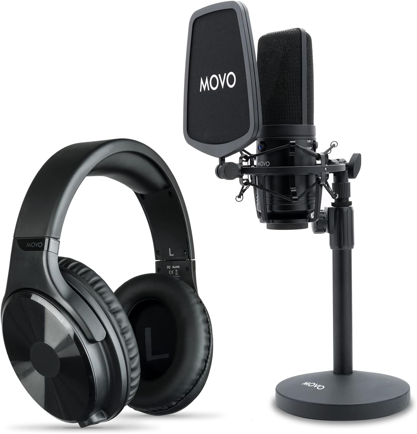 Movo Podcast Equipment Bundle with XLR Wired Microphone, 3.5mm/6.35mm Studio Headphones, and Desktop Mic Stand with Pop Filter - Great Music or Gaming Microphone - Studio Equipment for Recording Music