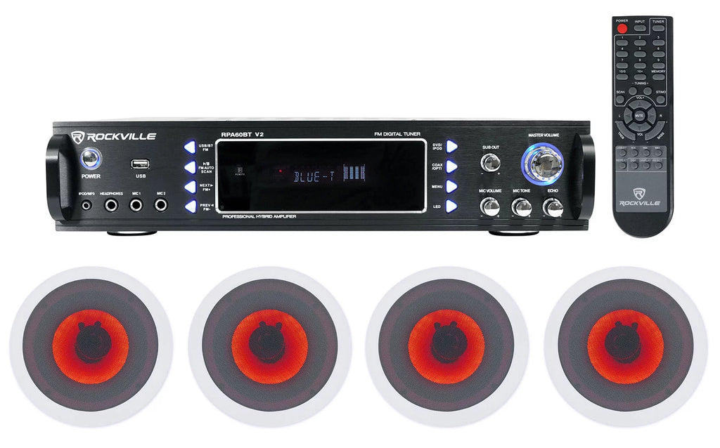 Rockville 1000w Home Theater Bluetooth Receiver+(4) In-Ceiling 6.5" LED Speakers