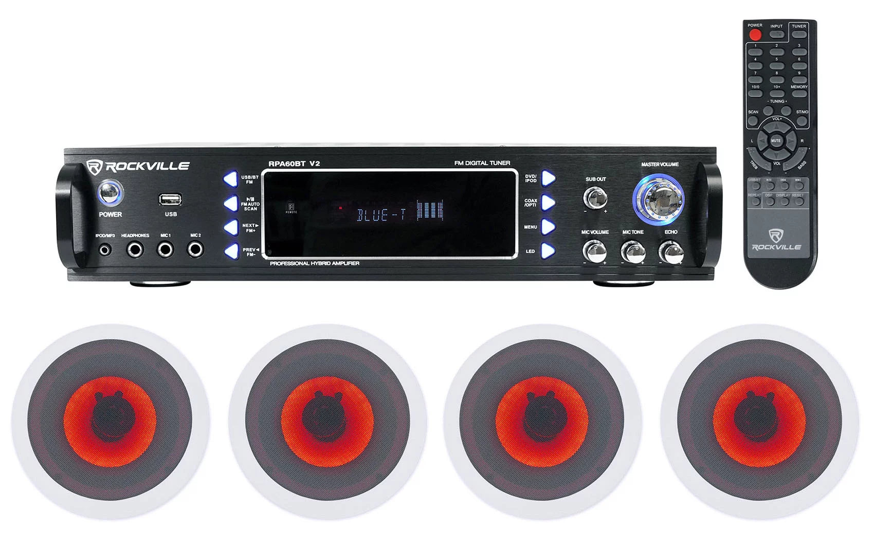Rockville 1000w Home Theater Bluetooth Receiver+(4) In-Ceiling 6.5" LED Speakers
