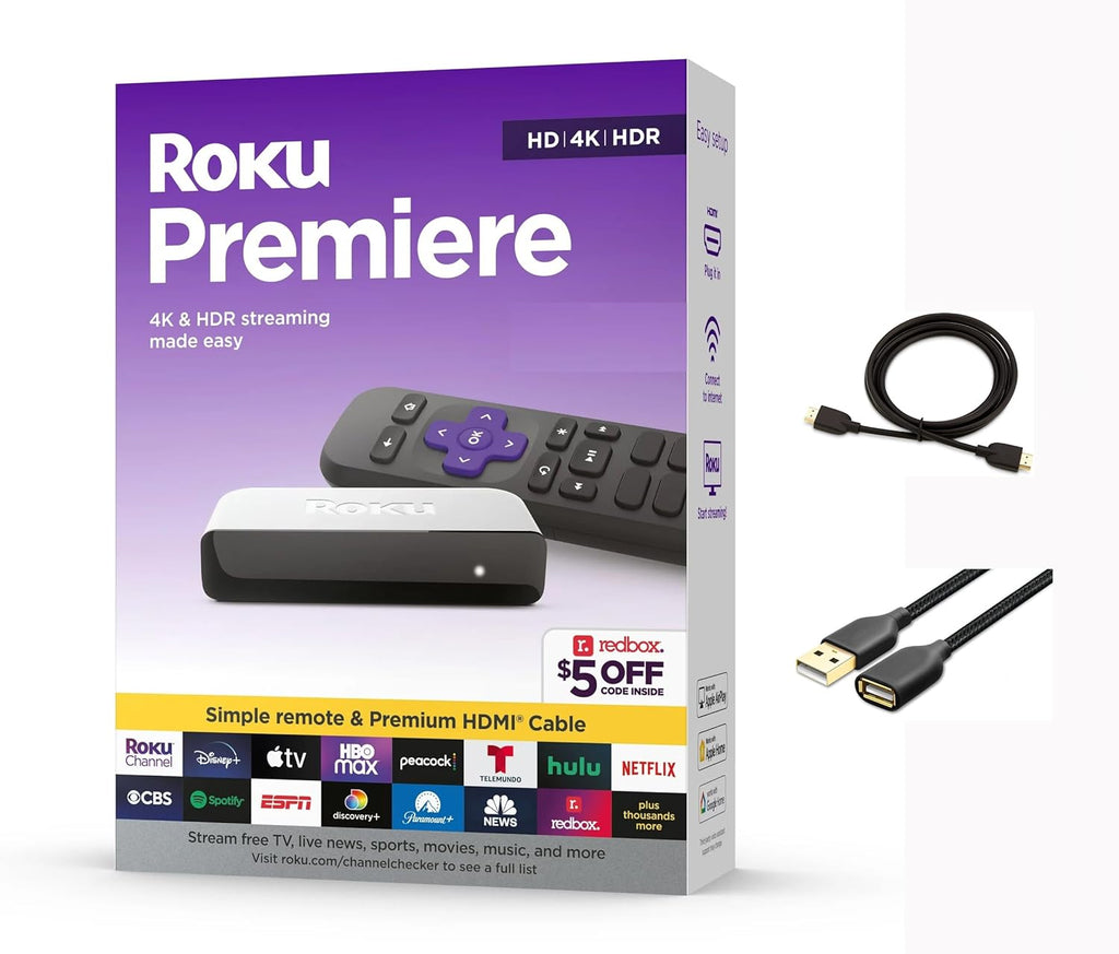 Roku 3920RW-SW Premiere | 4K/HDR Streaming Media Player Wi-Fi Enabled with Premium High Speed HDMI Cable and Simple Remote, with MTC HDMI Cable and USB Extension Cord