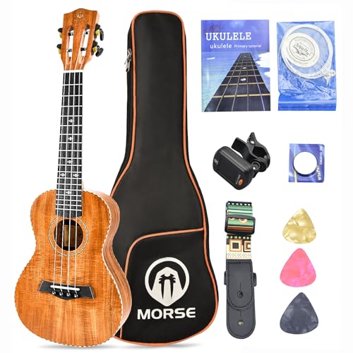 MORSE Concert Ukulele 23 Inch KOA Wood Ukelele with Gig Bag Strap Nylon String Tuner Picks (KOA Wood)