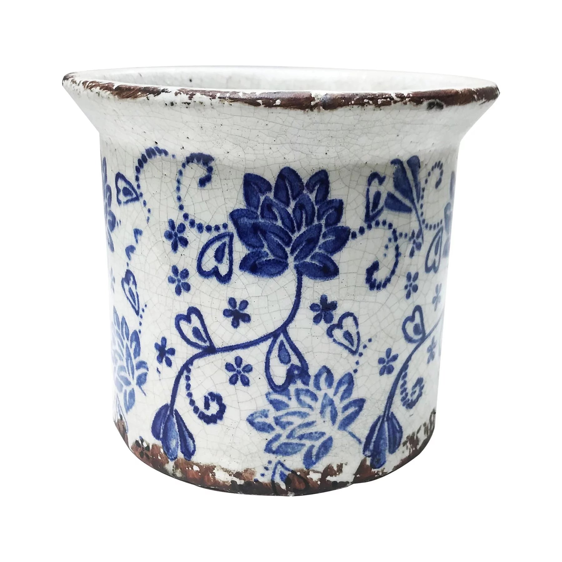 old world hand pressed blue and white ceramic flower print planter or pot with flared lip
