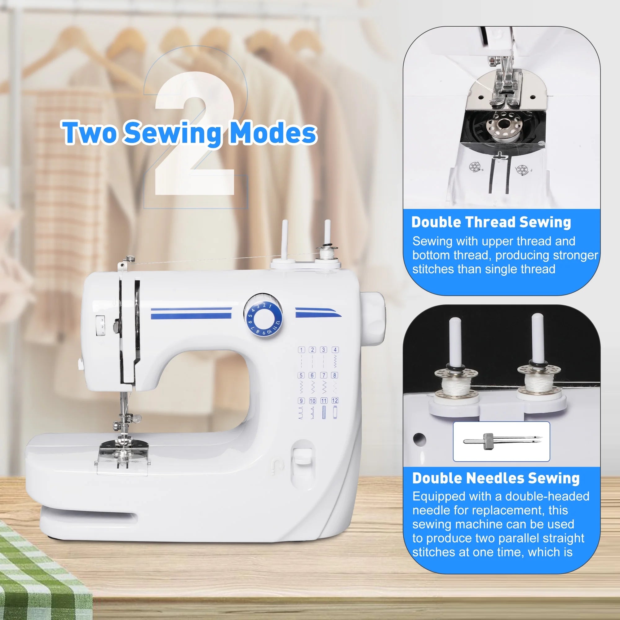 Portable Mini Sewing Machine with 12 Built-in Stitches, Double Needle, Foot Pedal S90469