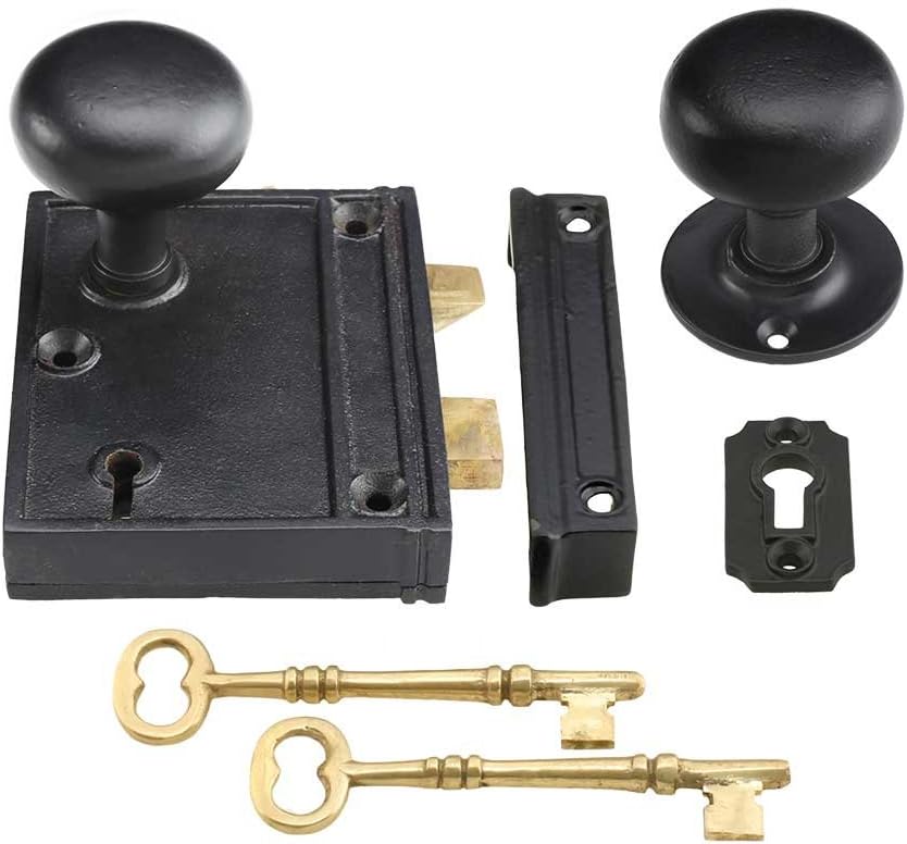 Cast Iron Vertical Rim Lock Set with Small Iron Knobs in Matte Black W1326
