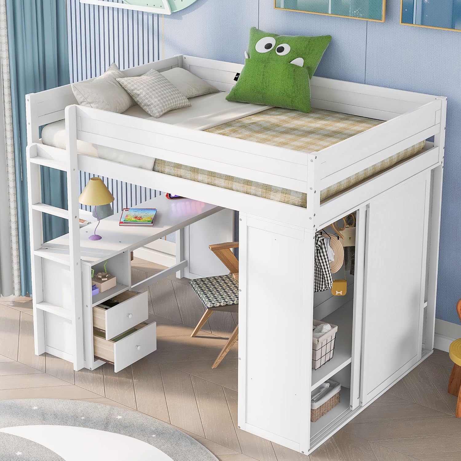 Harper & Bright Designs Full Loft Bed with Wardrobe and Desk, Wood Size with Storage Drawers and Cabinet for Girls Boys Teens,No Box Spring Needed,White (Cabinet),Full(Desk+Wardrobe+Drawers)