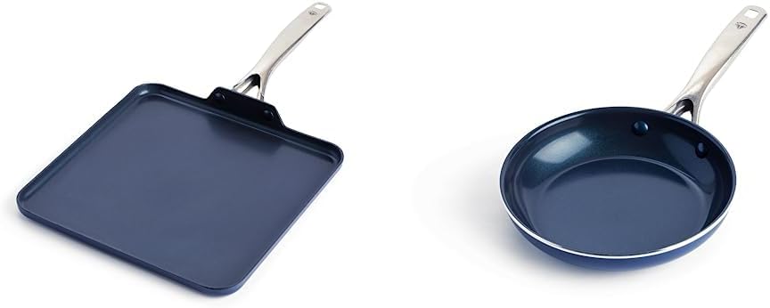 Blue Diamond Cookware Diamond Infused Ceramic Nonstick, 11" Griddle Pan, PFAS-Free, Dishwasher Safe, Oven Safe, Blue & Cookware Diamond Infused Ceramic Nonstick 8" Frying Pan Skillet, PFAS-Free