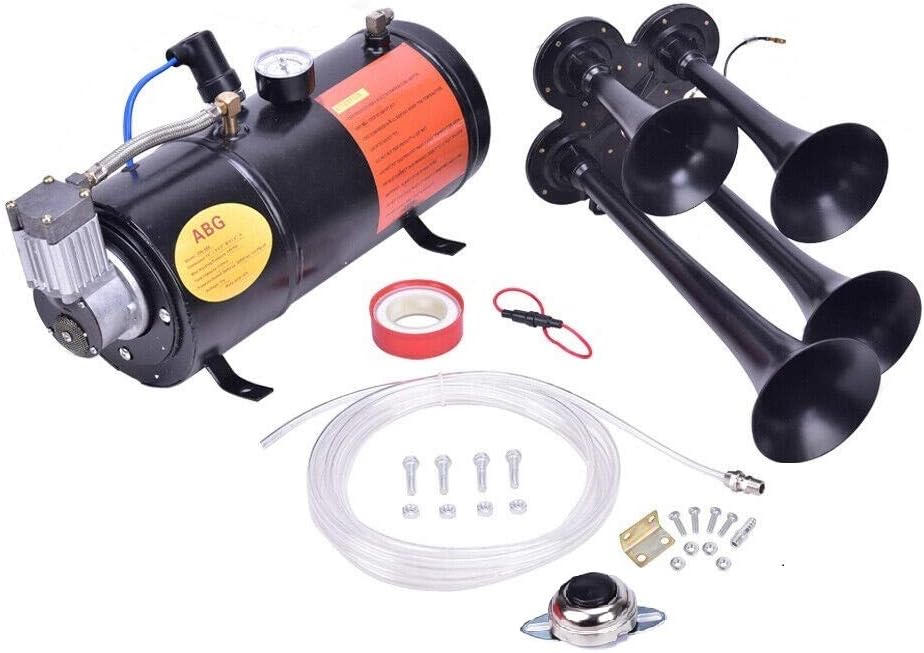 150DB Train Air Horn Kit, 4 Trumpet Loud Train Horns Kit for 150 PSI 12V Air Compressor 1.59 Gallon for Trucks, Cars, Van Boats Super Loud Air Horn( Blue)