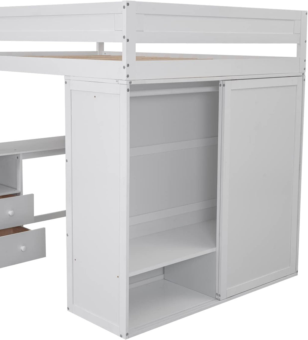 Full Loft Bed with Wardrobe and Desk, White K9891
