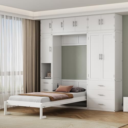 Harper & Bright Designs Twin Size Murphy Bed Frame for Boys Girls Kids Adults Toddler with Lockers and Wardrobes, with installation video, White
