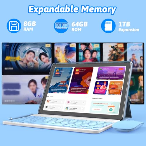 10 inch 2 in 1 Tablet with Keyboard Mouse Case Stylus, 8GB+64GB, IPS Touch Screen G53405