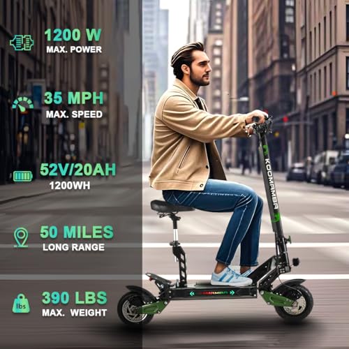 1200W Electric Scooter for Adults, 35 MPH, 50 Miles Range, Dual Suspension, 10" Fat Tires X7564