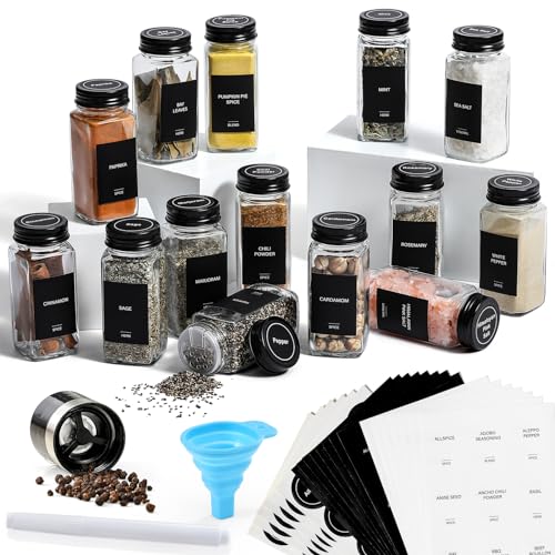 AOZITA 14 Pcs Glass Spice Jars with Spice Labels - 4oz Empty Square Spice Bottles - Shaker Lids and Airtight Metal Caps - Chalk Marker and Silicone Collapsible Funnel Included