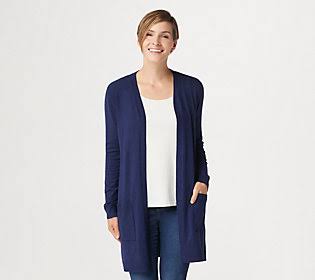 Belle by Kim Gravel Feather Knit Open Front Long Cardigan, Size Medium, Twilight