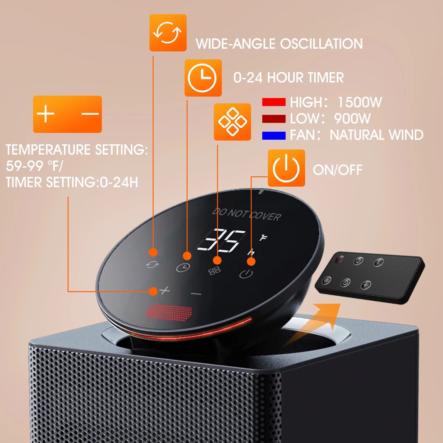 Space Heater Indoor, Oscillating Electric Tower Heater with Remote, ECO Modes, Timer F3535