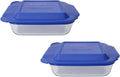 Pyrex (2) 222 Square Glass Baking Dishes & (2) 222-PC Blue Lids Made in the USA