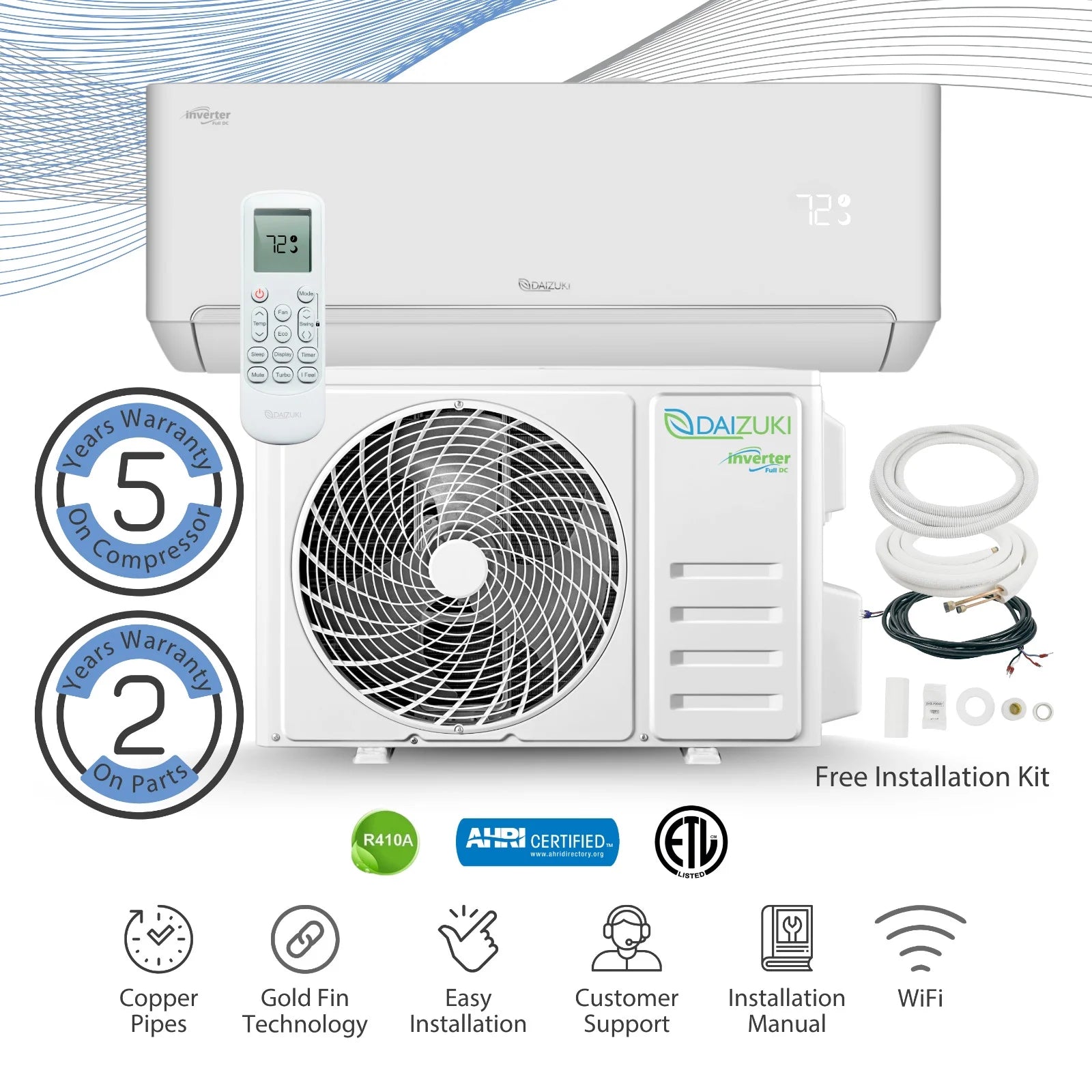 Daizuki® 12,000 BTU 23 SEER2 Ductless Mini-Split Inverter+ Air Conditioner Heat Pump System Full Set 220V. WIFI Included.