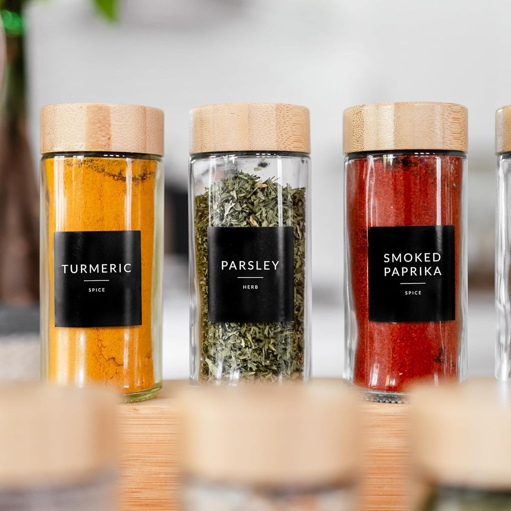 Glass Spice Jars with Bamboo Lids, 4oz Seasoning Containers with Labels E774