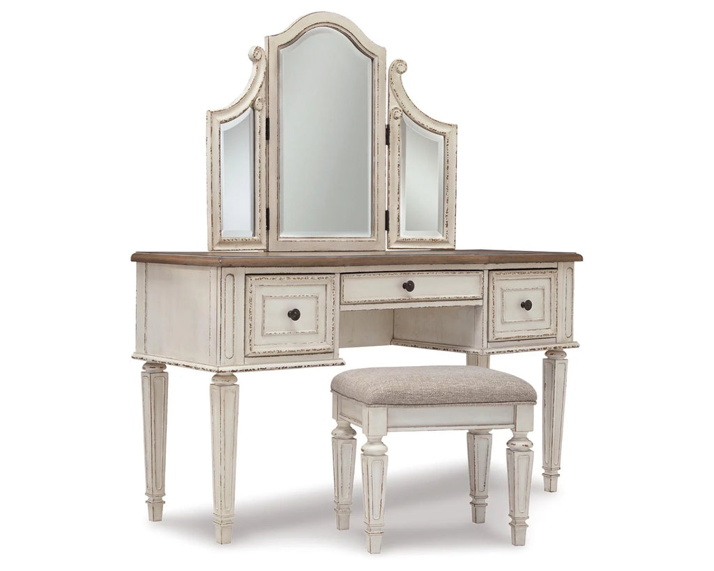 Signature Design by Ashley Casual Realyn 3 Drawer Vanity and Mirror with Stool, Two-tone