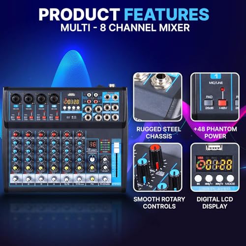 8 Channel Digital Audio Mixer with USB, Bluetooth, and DSP Effects A566796