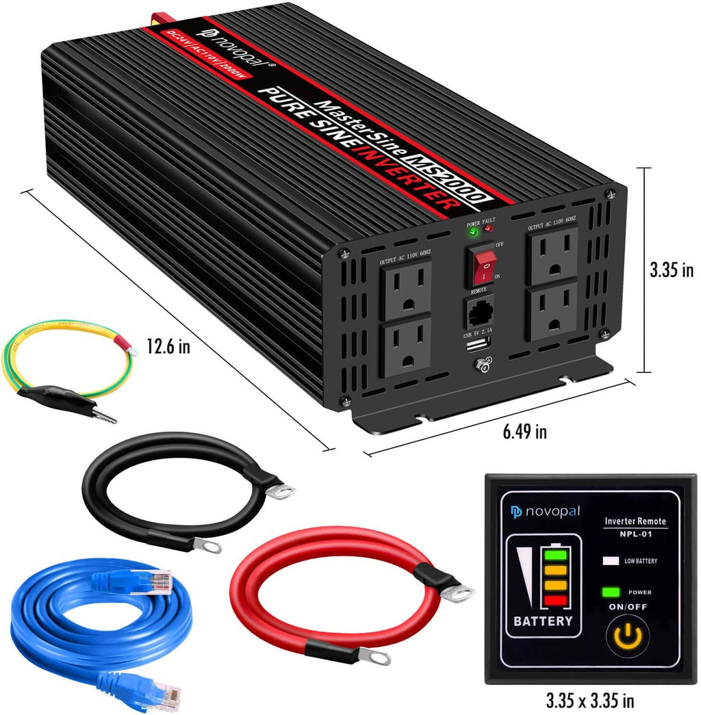 Power Inverter Pure Sine Wave 1000W 24V to 110V AC Converter with 4 Outlets and Remote Control J12881