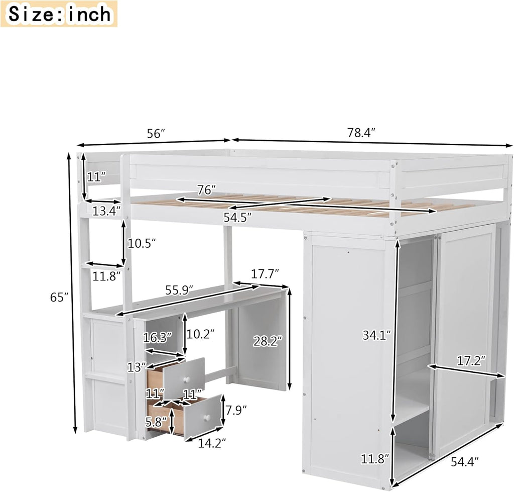 Full Loft Bed with Wardrobe and Desk, White K9891