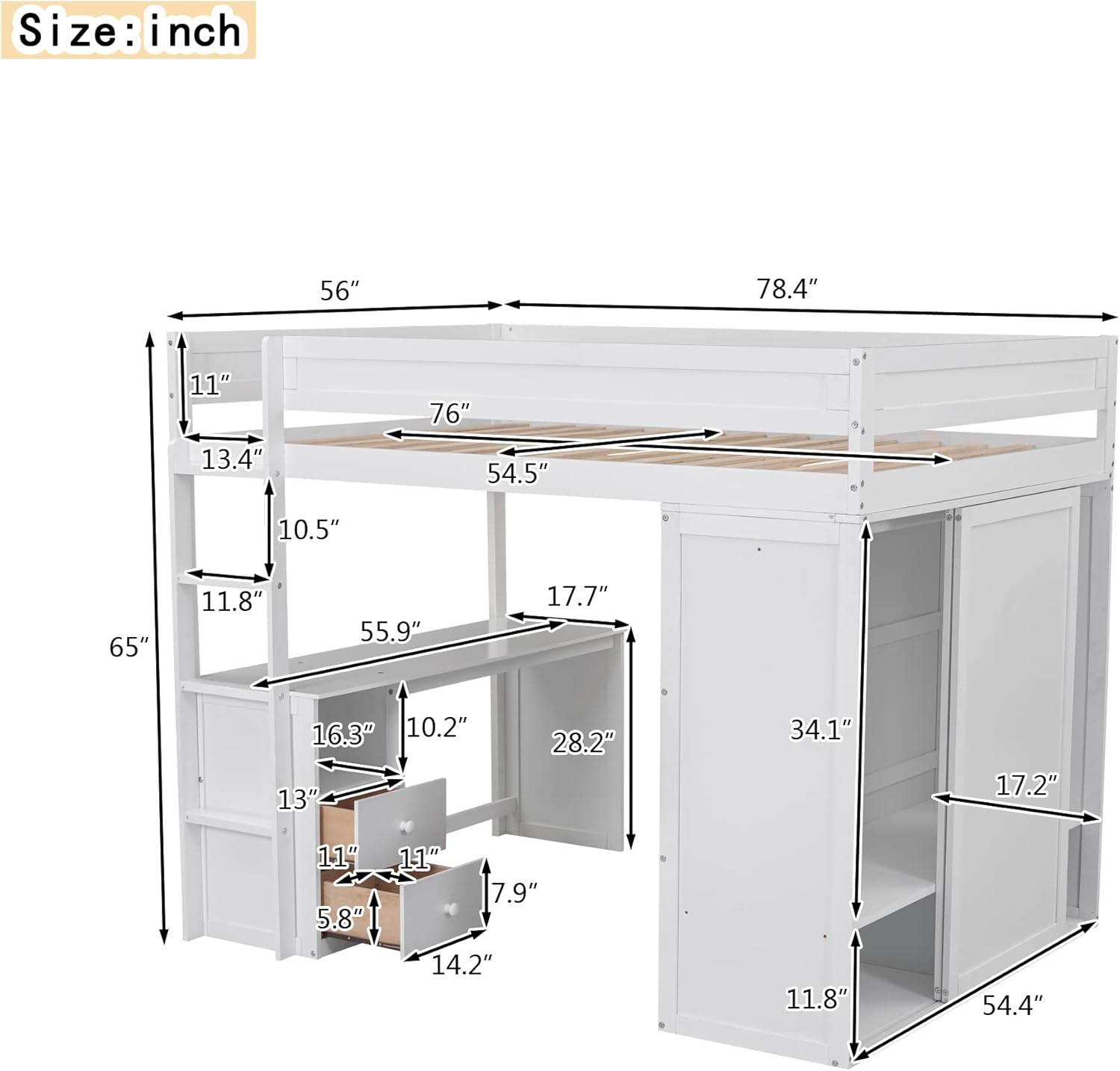 Full Loft Bed with Wardrobe and Desk, White K9891